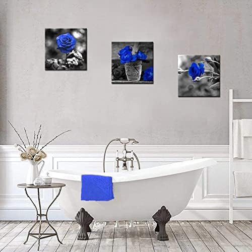 SKENOART 3 לוחות קיר קיר קיר קיר ורד כחול שחור ולבן ציור תמונה פרחונית כחולה מלכותית מוכנה לתלייה לחדר