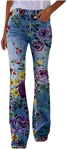 מכנסי ג'ינס עם מותניים גבוהים לנשים 2023 כפתור קיץ הדפס פרחוני התלקחות ג'ינס פעמון תחתון נמתח מכנסי