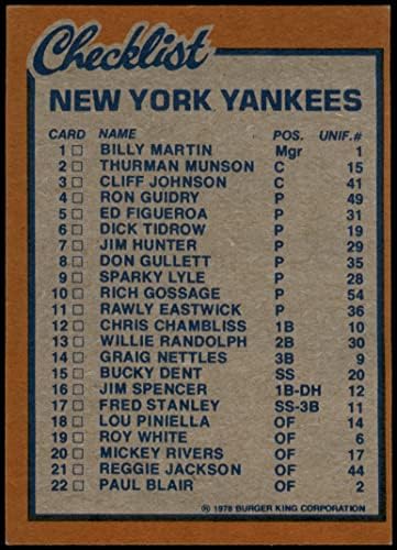 1978 רשימת הבדיקה של בורגר קינג ניו יורק ינקי vg Yankees