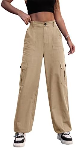 נשים גבוהה מותן מטען מכנסיים רחב רגל מכנסי קז ' ואל 6 כיסים לחימה צבאי מכנסיים