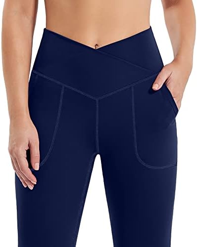 יוגה קרוסאובר חותלות מתלקות במותניים גבוהות מכנסי יוגה עם כיסים לכיסים לנשים בקרת בטן אימון מכנסי Bootleg