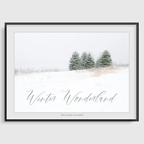 עיצוב קיר של ארץ הפלאות בחורף, הדפס צילום נוף, אמנות עץ אורן, תמונת סלון חווה שוודית