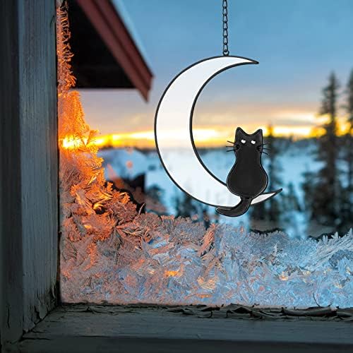 חתול מוכתם זכוכית חלון תלייה, בעבודת יד שחור חתול על לבן ירח המשתזפת ' קישוט, חתול נושא מתנות עבור חתול