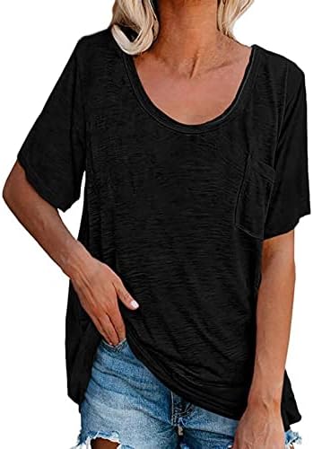 חולצות T קיץ לנשים מדי יום בצבע מוצק מזדמן רופף חולצה עגולה צוואר עגול כיס שרוול קצר חולצת טריקו חולצה