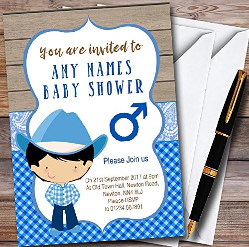 10 הזמנות למקלחת תינוק מותאם אישית קאובוי חמוד מערבי כחול