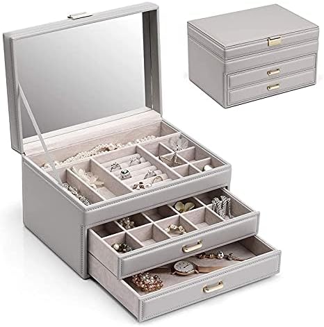 קופסת תכשיטים קופסת תכשיטים מראות עם מגירת מארגן תכשיטים גדול עם 3 שכבות עם תכשיטי מראה מארז לצמידי