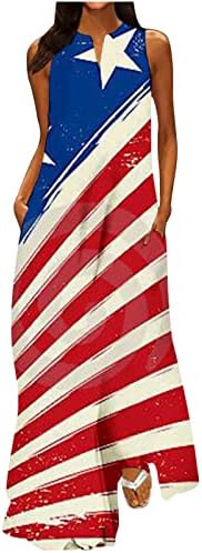 יום עצמאות מקסי שמלות לנשים כיסים מזדמן רופף קיץ שמלת פטריוטית ארהב דגל שרוולים טנק שמלות קיץ
