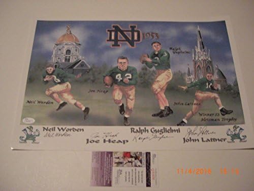 1953 Notre Dame Backfield Johnny Lattner, Heap, Worden JSA/COA חתום ליטוגרף - אמנות מכללות עם חתימה